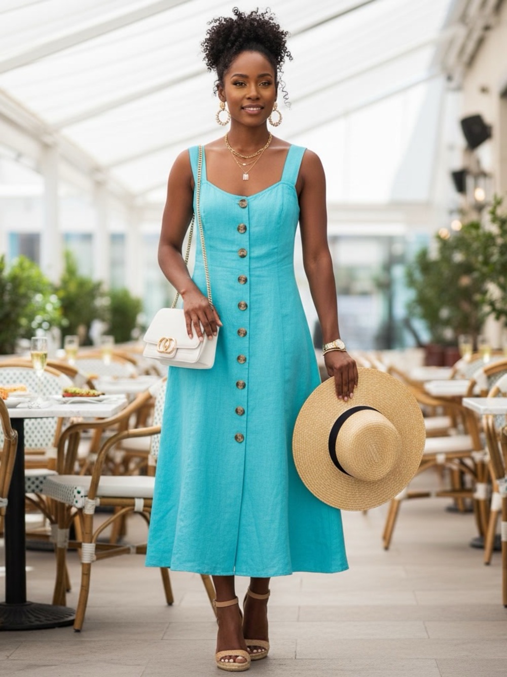Vince Camuto Linen Button Front Sleeveless Midi Dress Teal Large NWT
